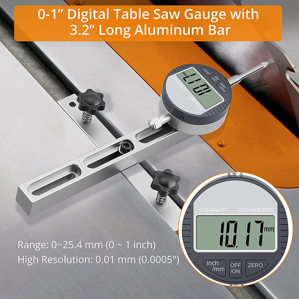 Neoteck 0-1'' Digital Dial Indicator Table Saw Gauge with 3.2inch Long Anodized Aluminum Bar