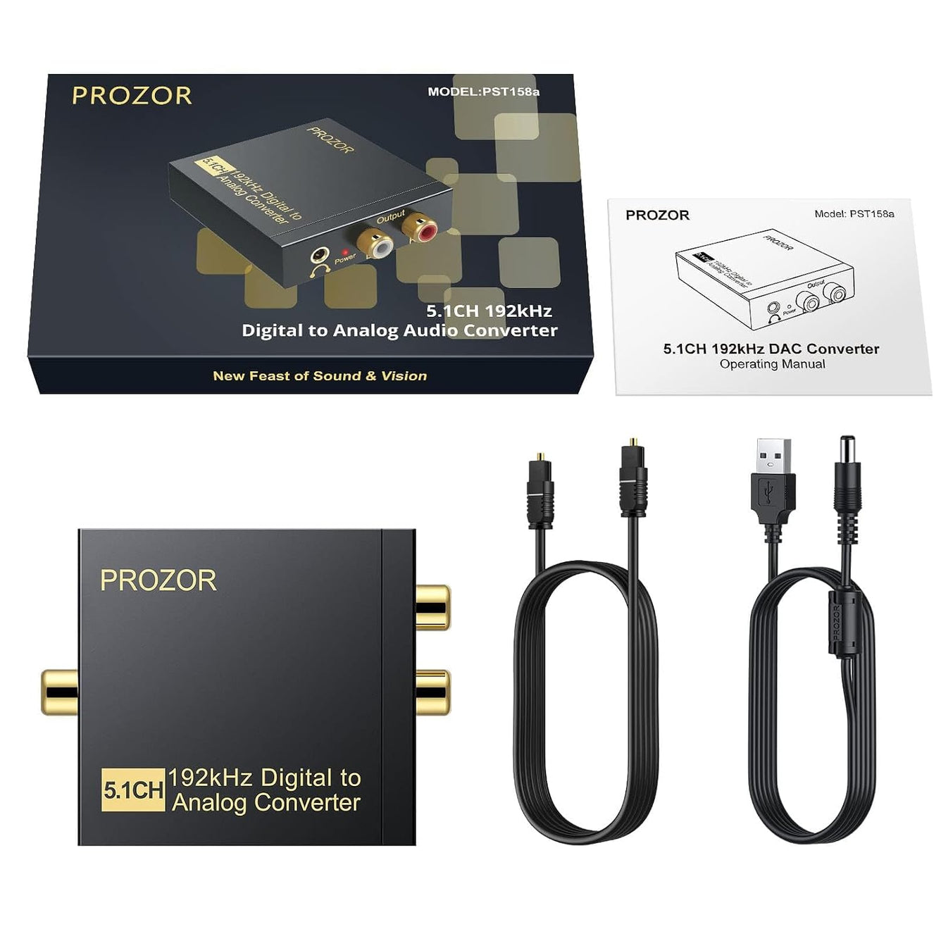 PROZOR 192Khz Digital-to-Analog Audio Converter, 5.1CH Optical/Toslink/SPDIF to RCA/3.5mm Adapter with Magnetic Ring Power Cord, Plastic Audio Accessory for HDTVs, Blu-Ray DVD, PS3, PS4
