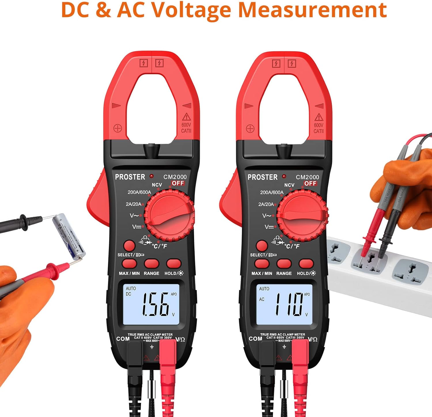 Clamp Meter TRMS 2000Counts Auto-Ranging 600A AC Current 600V AC/DC Voltage NCV Continuity Resistance Diode Test Clamp Multimeter with Test Leads Alligator Clips Screwdriver Storage Bag