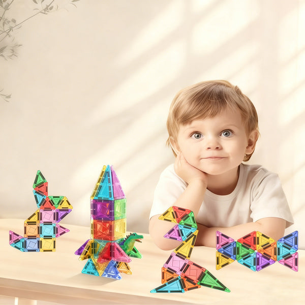 Mini Magnetic Tiles, 60PCS Travel Magnetic Tiles with Case, STEM Educational Building Set Construction Toys for Kids Ages 3+, Portable Building Toys for Toddlers, Boys & Girls Birthday Gift