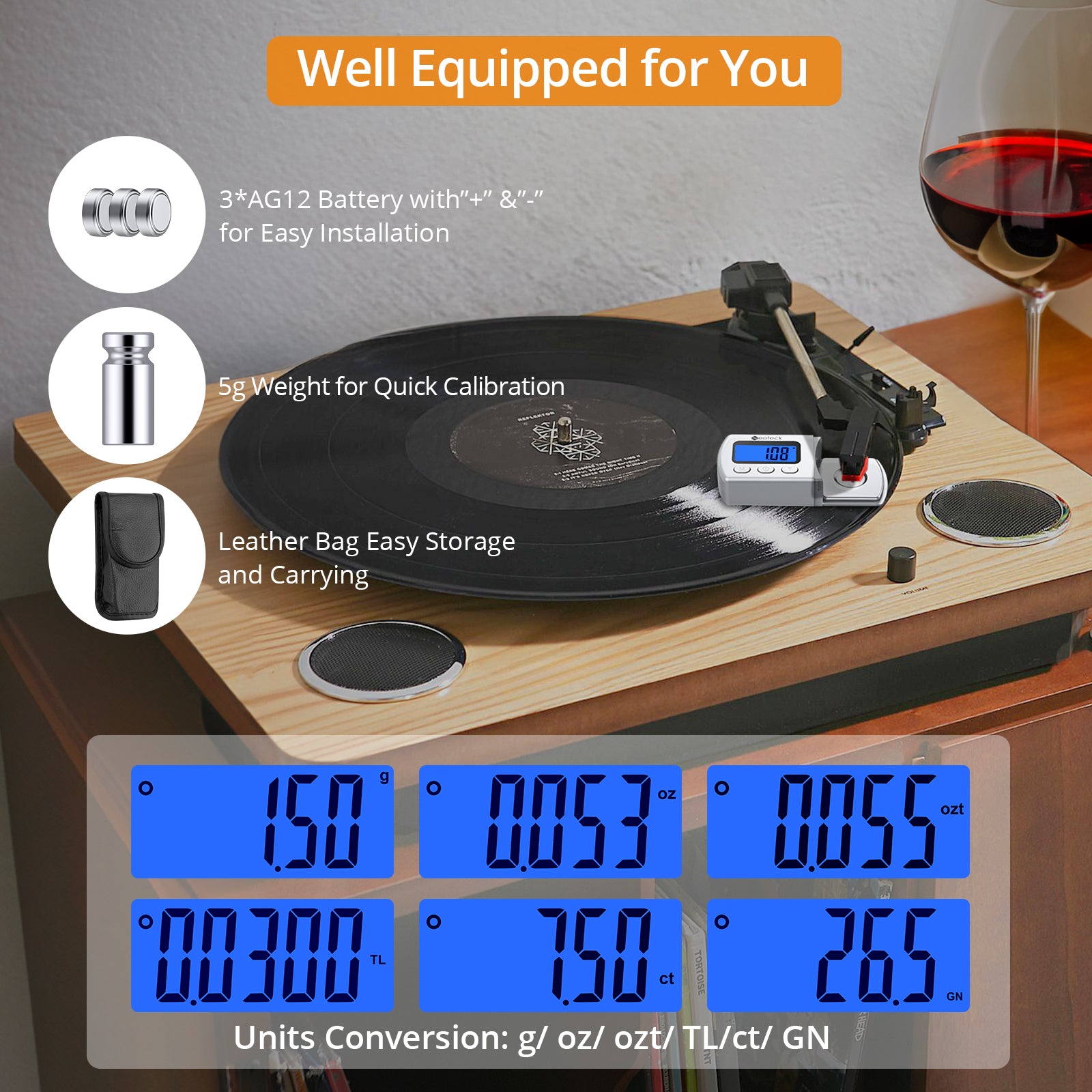 Neoteck Digital Turntable Stylus Force Gauge with 5.00g Calibration Weight - Silver