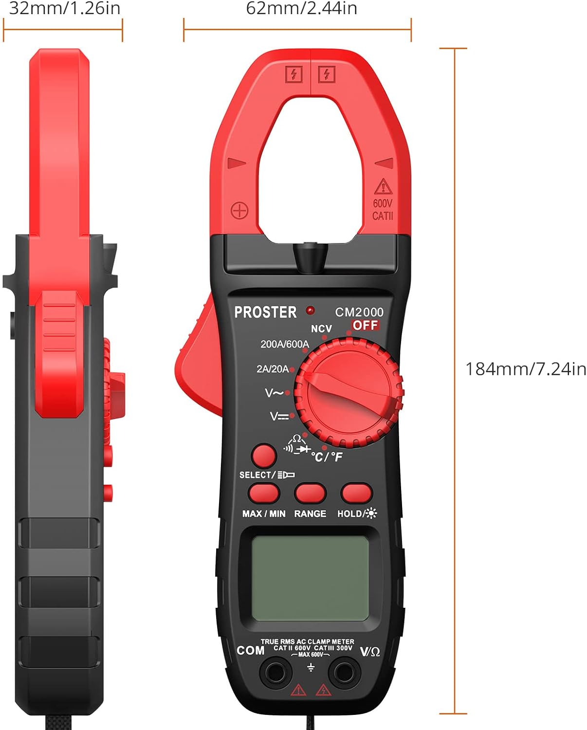 Clamp Meter TRMS 2000Counts Auto-Ranging 600A AC Current 600V AC/DC Voltage NCV Continuity Resistance Diode Test Clamp Multimeter with Test Leads Alligator Clips Screwdriver Storage Bag