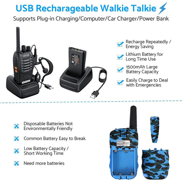 4Pcs Professional Walkie Talkies Rechargeable Long Range 2 Way Radio Portable Walkie Talkies Supports VOX & 16CH Walky Talky with LED Light Earpieces for Activity etc Audio Mother's Day Gift