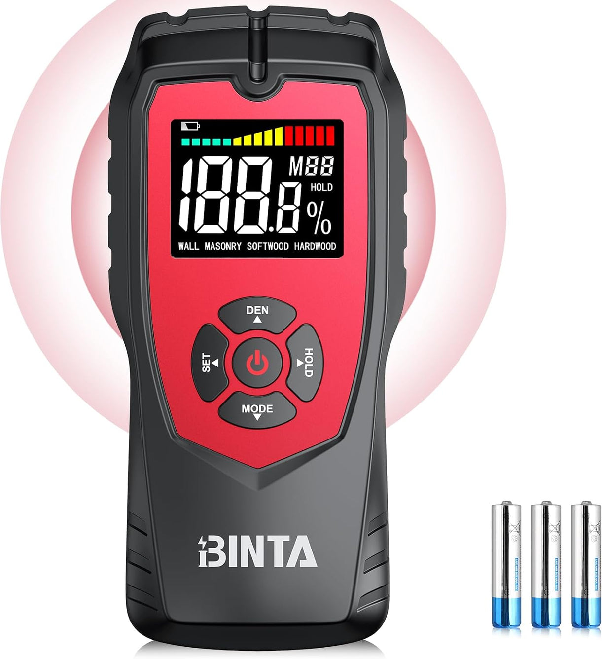 BINTA Pinless Moisture Meter Non-Destructive Wood Moisture Meter Detector with Large Batteries for Walls, Wood and Masonry, Woodworking with LCD Display Sound Alarm, 4 Modes Damp Meter for Firewood