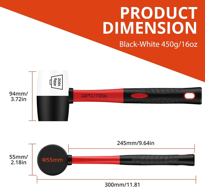 GETLITOOL Rubber Mallet 16oz, Non-Marking Black/White Two-Sided Hammer with Fiberglass Handle, 55mm Head for Flooring, Tile Installation, Woodworking, Camping, Non-Slip Grip