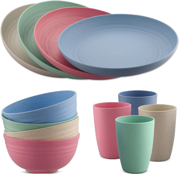 HOMGEN Plastic Dinner Set 12Pcs Unbreakable Light-Weight Kids Dinning Set Picnic Plates and Cups Set Dishwasher Safe Camping Plates and Bowls Set Camping Crockery Set for Home & Picnic etc