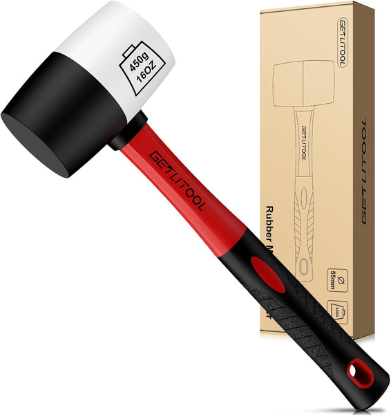 GETLITOOL Rubber Mallet 16oz, Non-Marking Black/White Two-Sided Hammer with Fiberglass Handle, 55mm Head for Flooring, Tile Installation, Woodworking, Camping, Non-Slip Grip