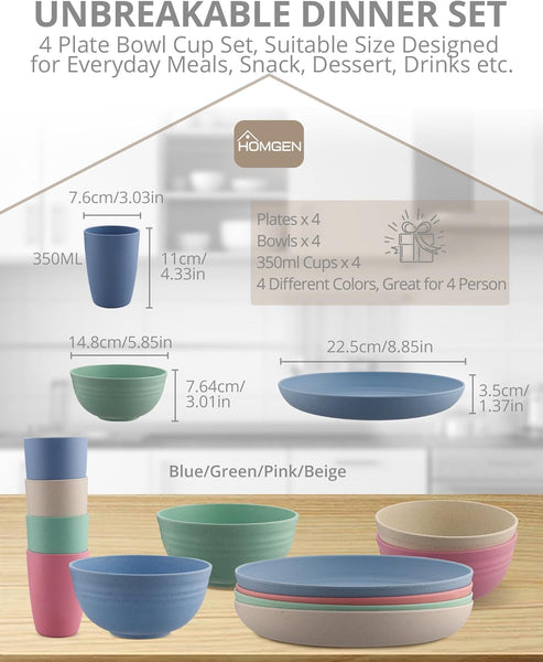 HOMGEN Plastic Dinner Set 12Pcs Unbreakable Light-Weight Kids Dinning Set Picnic Plates and Cups Set Dishwasher Safe Camping Plates and Bowls Set Camping Crockery Set for Home & Picnic etc