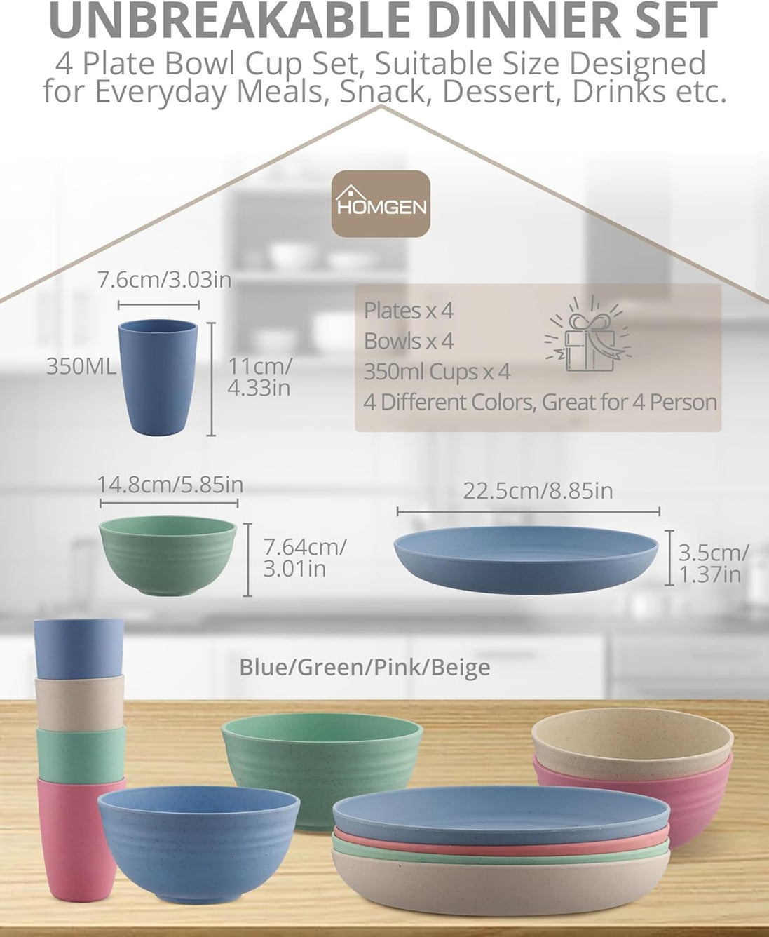 HOMGEN Plastic Dinner Set 12Pcs Unbreakable Light-Weight Kids Dinning Set Picnic Plates and Cups Set Dishwasher Safe Camping Plates and Bowls Set Camping Crockery Set for Home & Picnic etc