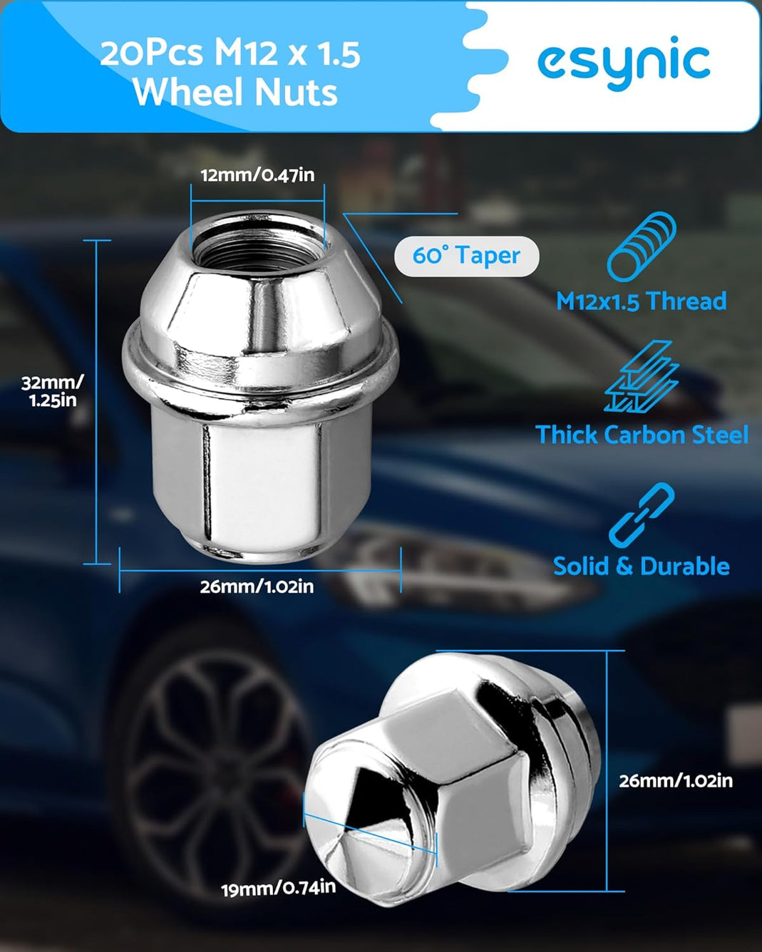 eSynic Wheel Nuts Set for Ford 20Pcs Professional M12x1.5 Chrome Steel 19mm Hex Locking Wheel Nut Bolts for 2011-2020 Ford Focus Ranger Mondeo Escape Fusion EcoSport Transit Connect,Lincoln MKC MKZ