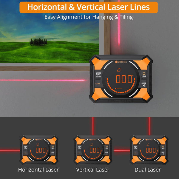 Neoteck Digital Angle Finder with Dual Laser (Class 2 Laser, 1mW Power Output) 4x90/2x180°Angle Gauge with LED Display and Data Hold USB Charging Level Box with Bottom and Back Strong Magnetic