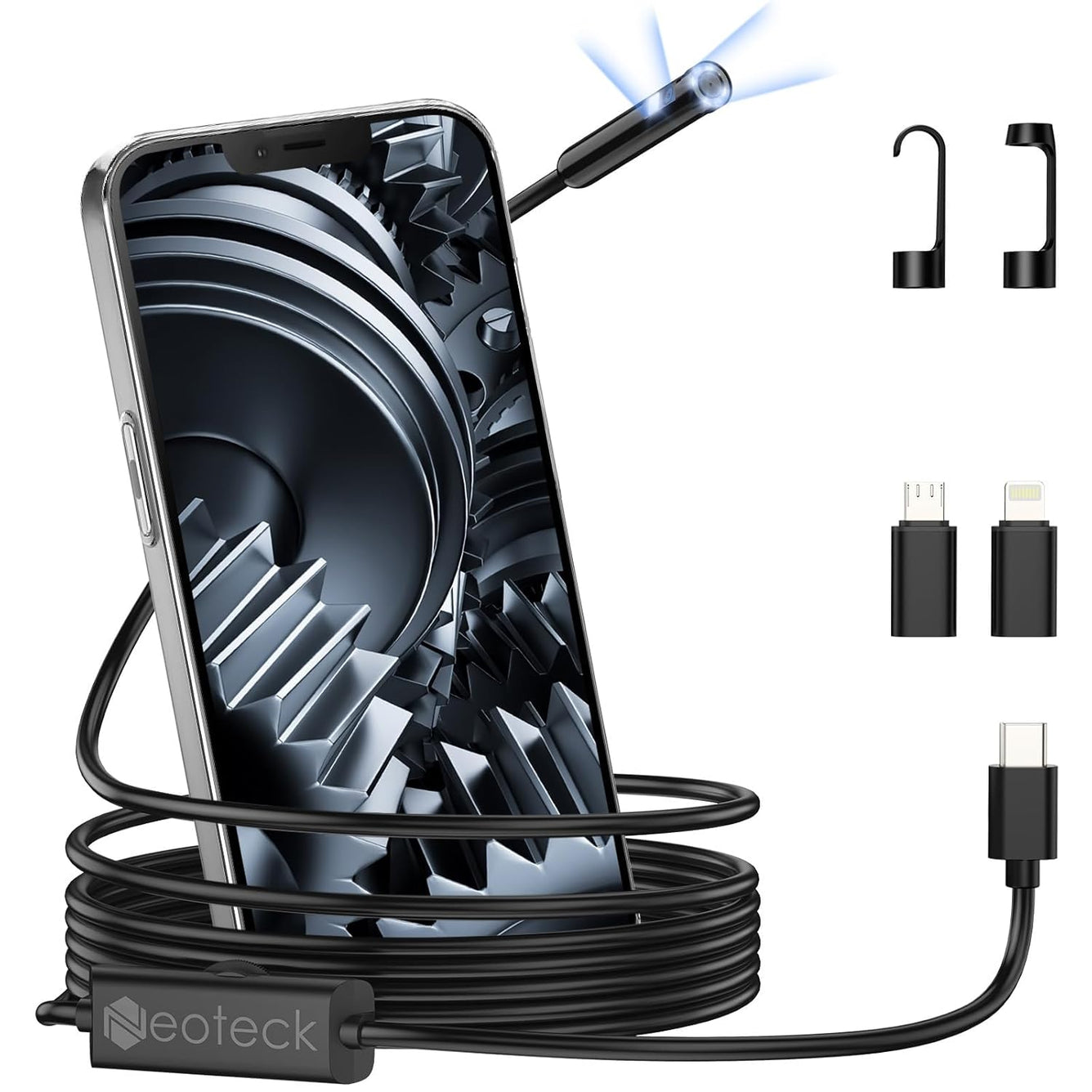 Neoteck Dual-Lens Borescope Snake Inspection Camera with 8+1 Adjustable LED Lights1920P IP67 Waterproof HD Bore Scop &5-Meter/16.4FT Semi-Rigid Cable, Perfect Compatibility with Android & iOS