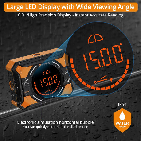 Neoteck Digital Angle Finder with Dual Laser (Class 2 Laser, 1mW Power Output) 4x90/2x180°Angle Gauge with LED Display and Data Hold USB Charging Level Box with Bottom and Back Strong Magnetic