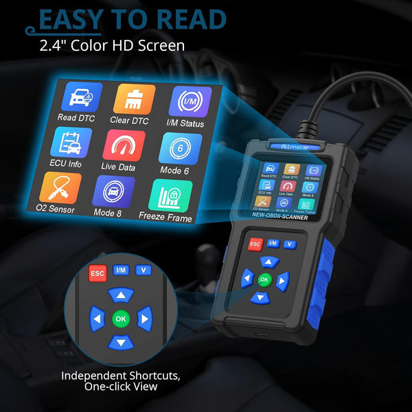 OBD2 Scanner OBDII Car Diagnostic Scanner - 2.4'' Color Screen,Supports 9 Protocols,Real-Time Data,Battery Measurement,DTC Lookup,Compatible with Most 1996 and Later Vehicles