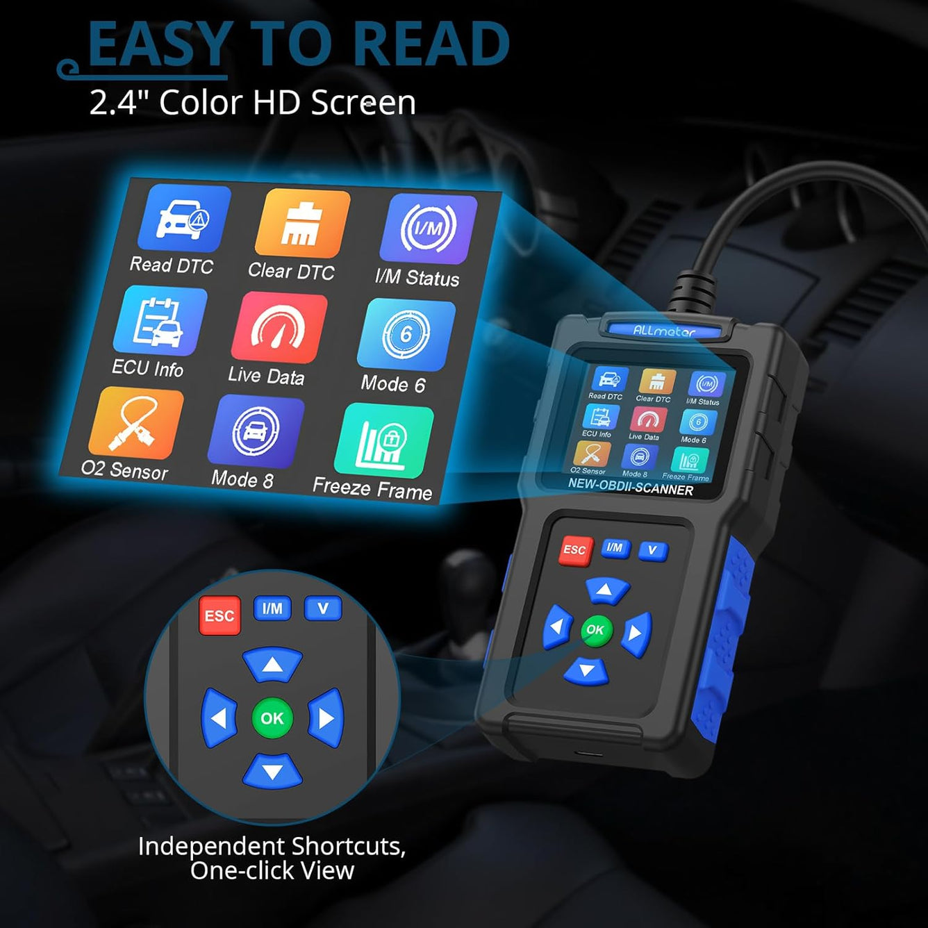 OBD2 Scanner OBDII Car Diagnostic Scanner - 2.4'' Color Screen,Supports 9 Protocols,Real-Time Data,Battery Measurement,DTC Lookup,Compatible with Most 1996 and Later Vehicles