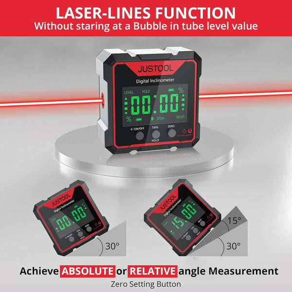 JUSTOOL Digital LCD Protractor Inclinometer Laser Angle Measuring Device Spirit Level IP54 Waterproof Level Box 4-Sided Magnetic Levelling Box Bevel Box with Type-C Charging Cable