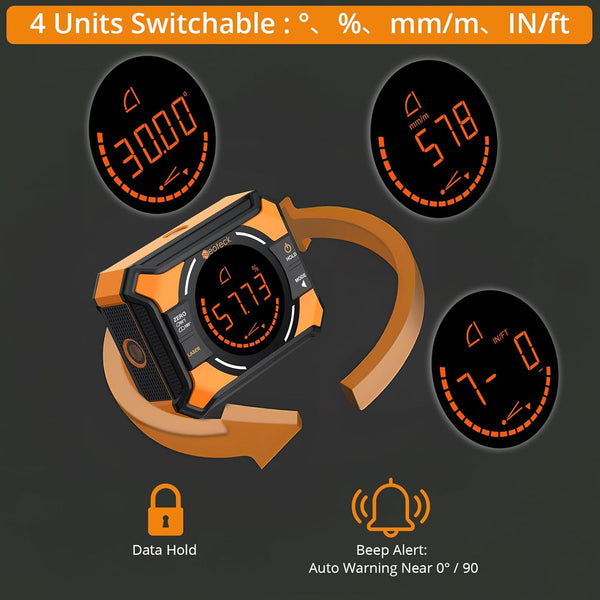 Neoteck Digital Angle Finder with Dual Laser (Class 2 Laser, 1mW Power Output) 4x90/2x180°Angle Gauge with LED Display and Data Hold USB Charging Level Box with Bottom and Back Strong Magnetic