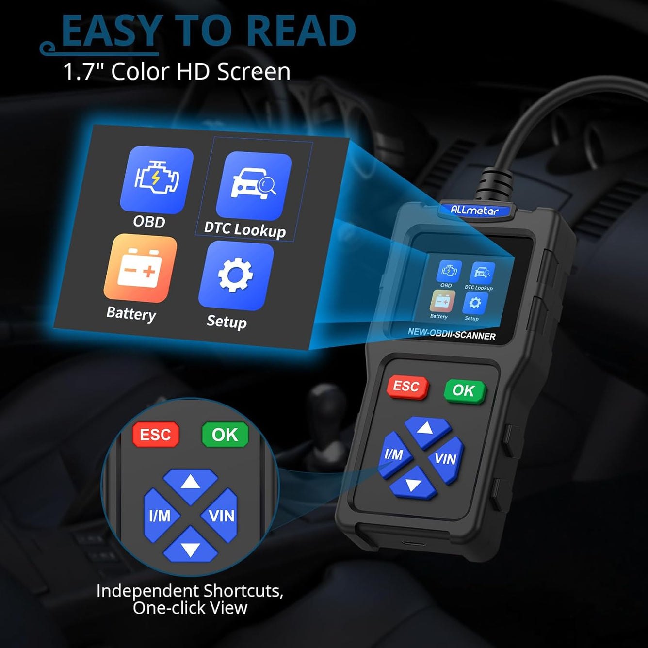 OBD2 Scanner OBDII Car Diagnostic Scanner 1.7'' Color Screen,Supports 9 Protocols,Engine Fault Reader,Real-Time Data,DTC Lookup,I/M EVAP Compatible with Most 1996 and Later Vehicles