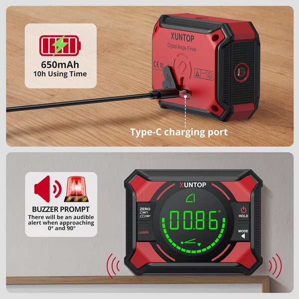 4x90/2x180°(0.01°) Digital Angle Finder with Dual Laser Digital Angle Gauge with Bottom and Back Magnetic Rechargeable Inclinometer with Digital Level Bubble (Class 2 Laser, 1mW Power Output)