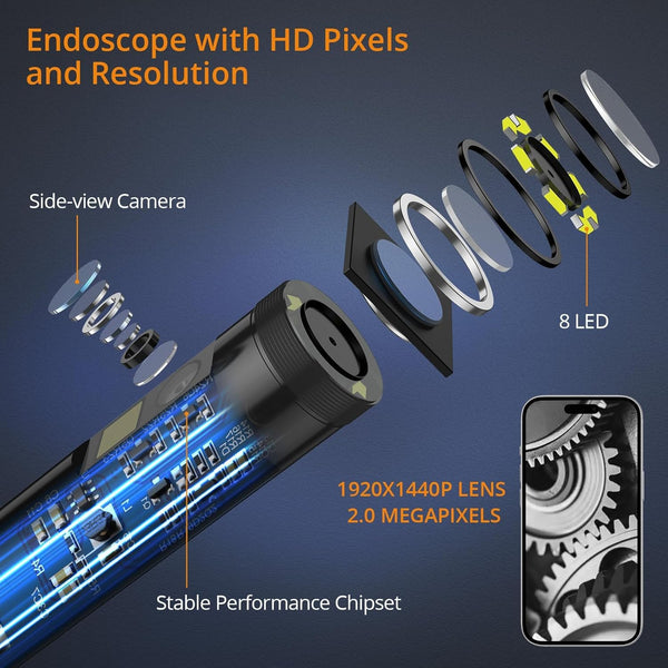 Neoteck Dual-Lens Borescope Snake Inspection Camera with 8+1 Adjustable LED Lights1920P IP67 Waterproof HD Bore Scop &5-Meter/16.4FT Semi-Rigid Cable, Perfect Compatibility with Android & iOS
