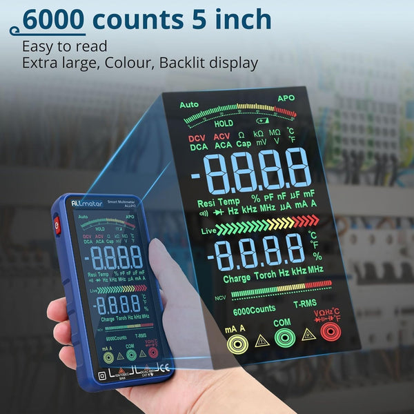 ALLmeter Digital Multimeter 6000 Counts Current Meter with Colour Screen CAT II 1000V CAT III 600V True RMS Voltmeter for AC/DC Voltage Current Capacity Resistance Diodes Frequency Temperature NCV