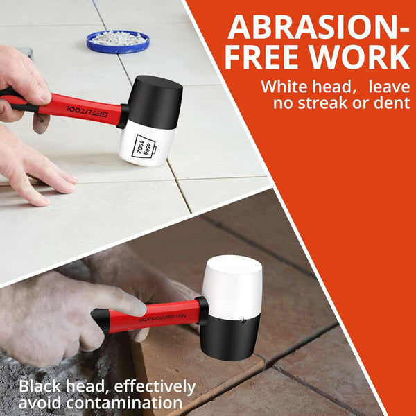 GETLITOOL Rubber Mallet 16oz, Non-Marking Black/White Two-Sided Hammer with Fiberglass Handle, 55mm Head for Flooring, Tile Installation, Woodworking, Camping, Non-Slip Grip
