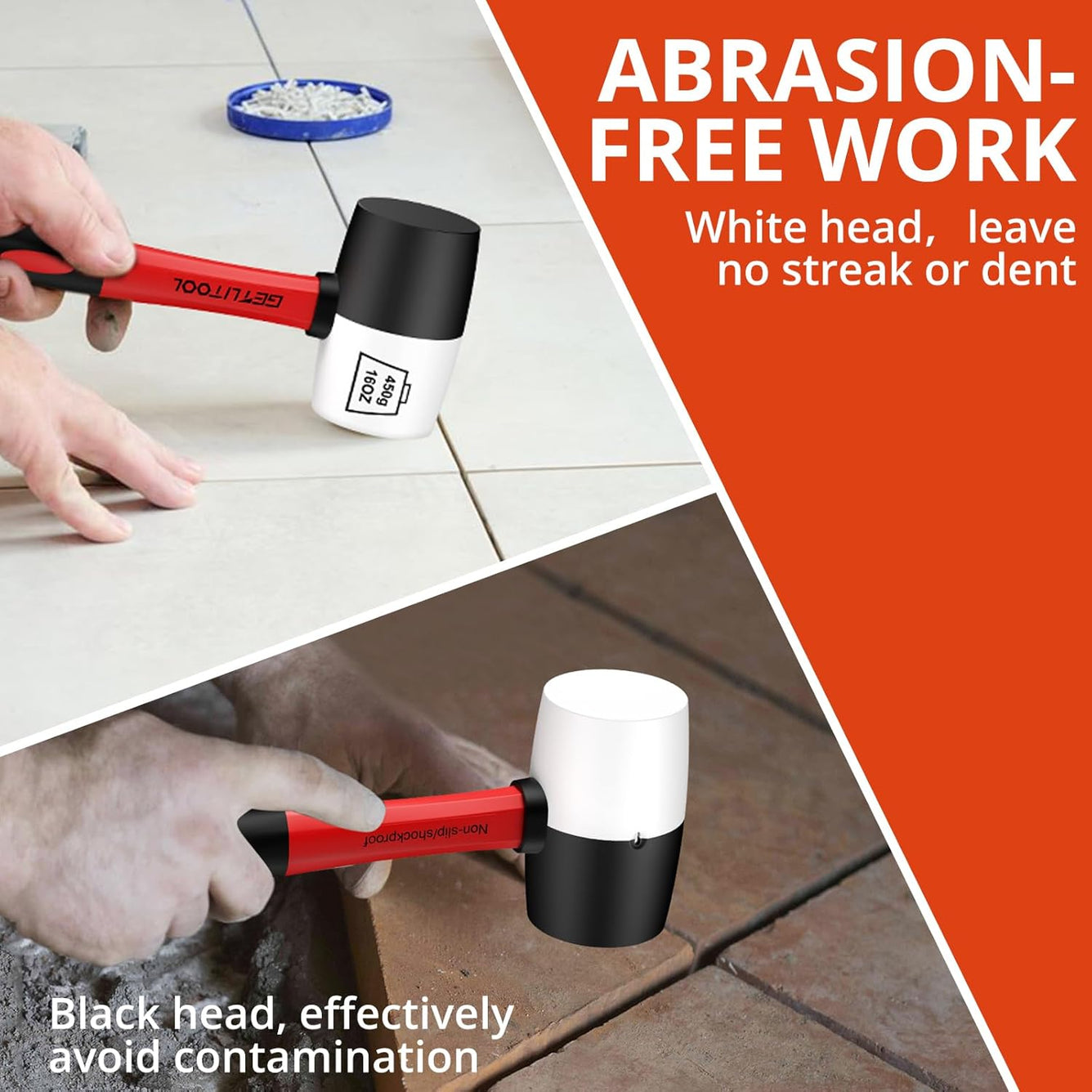 GETLITOOL Rubber Mallet 16oz, Non-Marking Black/White Two-Sided Hammer with Fiberglass Handle, 55mm Head for Flooring, Tile Installation, Woodworking, Camping, Non-Slip Grip