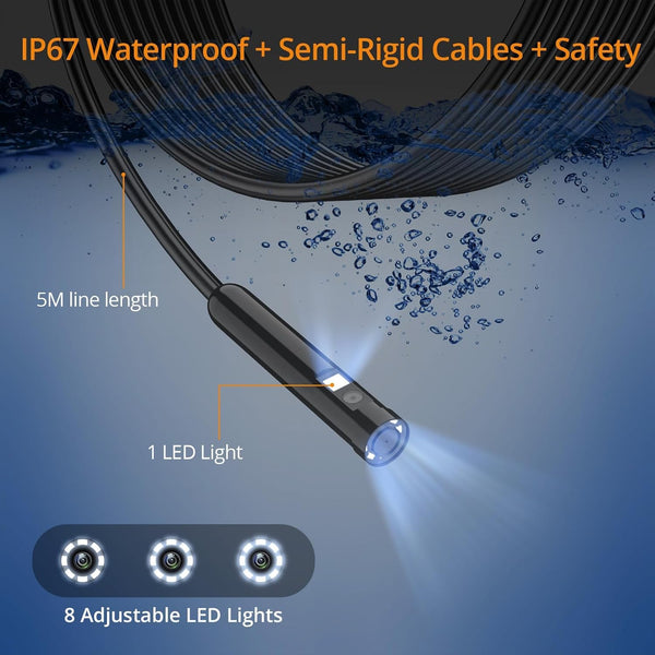 Neoteck Dual-Lens Borescope Snake Inspection Camera with 8+1 Adjustable LED Lights1920P IP67 Waterproof HD Bore Scop &5-Meter/16.4FT Semi-Rigid Cable, Perfect Compatibility with Android & iOS