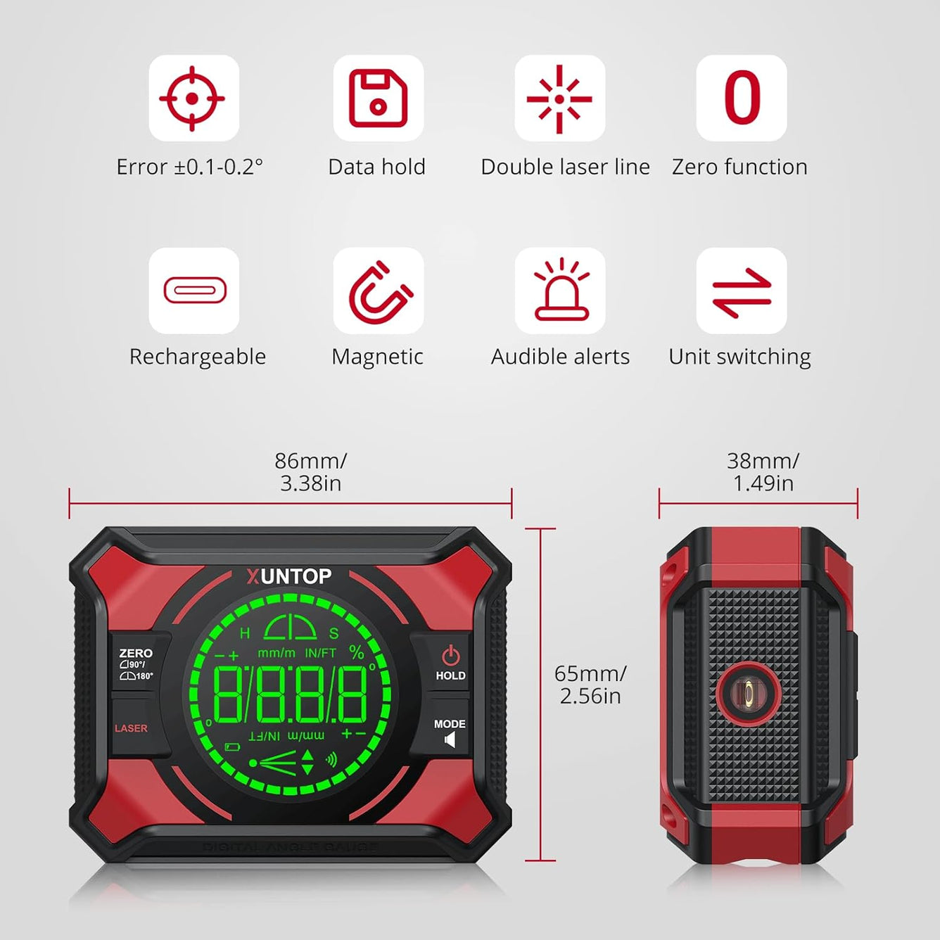 4x90/2x180°(0.01°) Digital Angle Finder with Dual Laser Digital Angle Gauge with Bottom and Back Magnetic Rechargeable Inclinometer with Digital Level Bubble (Class 2 Laser, 1mW Power Output)