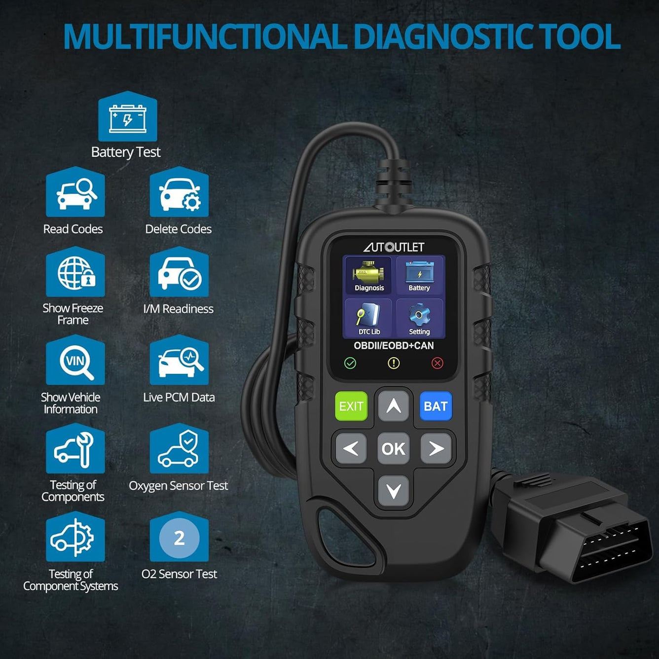 AUTOUTLET OBD2 Scanner Code Reader for Quick Diagnosis and Clear Trouble Codes, Wide DTC Library with 13 Languages, Compatible with Various Vehicle Protocols for