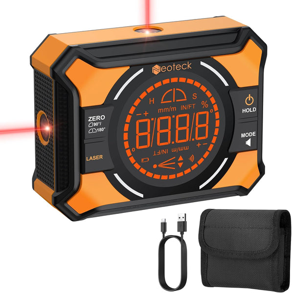 Neoteck Digital Angle Finder with Dual Laser (Class 2 Laser, 1mW Power Output) 4x90/2x180°Angle Gauge with LED Display and Data Hold USB Charging Level Box with Bottom and Back Strong Magnetic