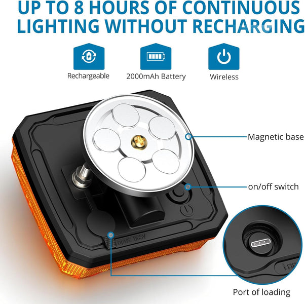 AUTOUTLET 2pcs Rechargeable Flashing Lights for Vehicles, Magnetic Strobe Hazard Lights, Wireless Portable Amber Led Warning Beacon Emergency Light for Trucks Bus Tractor Oversize Trailer