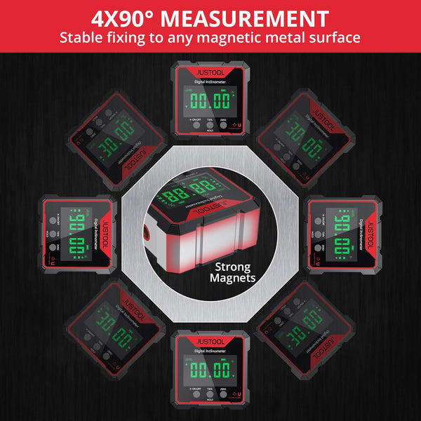 JUSTOOL Digital LCD Protractor Inclinometer Laser Angle Measuring Device Spirit Level IP54 Waterproof Level Box 4-Sided Magnetic Levelling Box Bevel Box with Type-C Charging Cable