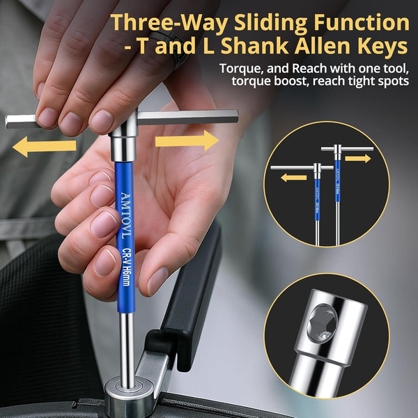 AMTOVL T-Handle Hex Allen Wrench Set - Metric, 10 Pcs 2mm-10mm, Sliding Handle, Chrome Vanadium Steel, with Aluminum Alloy Sleeves & Steel Storage Rack, for DIY, Mechanics, and Bicycle Enthusiasts