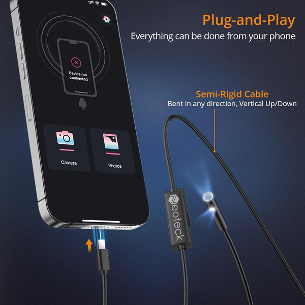 Neoteck Dual-Lens Borescope Snake Inspection Camera with 8+1 Adjustable LED Lights1920P IP67 Waterproof HD Bore Scop &5-Meter/16.4FT Semi-Rigid Cable, Perfect Compatibility with Android & iOS