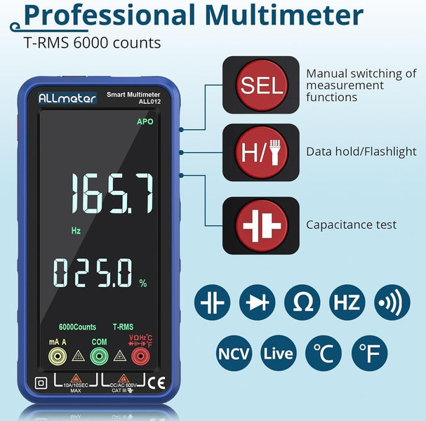 ALLmeter Digital Multimeter 6000 Counts Current Meter with Colour Screen CAT II 1000V CAT III 600V True RMS Voltmeter for AC/DC Voltage Current Capacity Resistance Diodes Frequency Temperature NCV