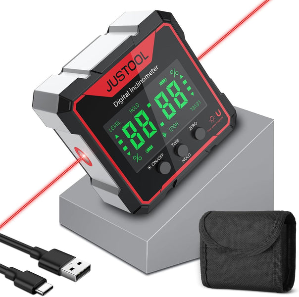 JUSTOOL Digital LCD Protractor Inclinometer Laser Angle Measuring Device Spirit Level IP54 Waterproof Level Box 4-Sided Magnetic Levelling Box Bevel Box with Type-C Charging Cable