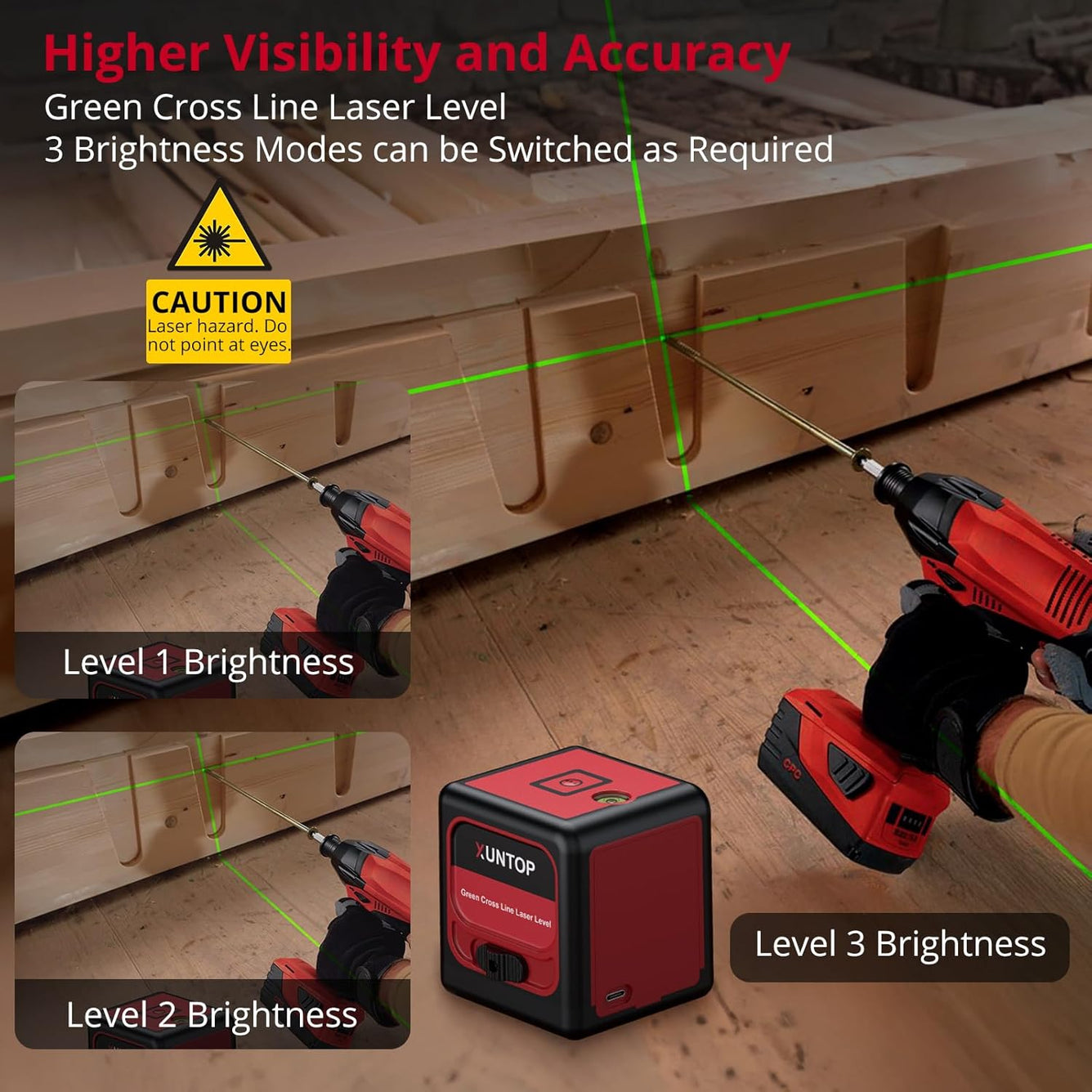 XUNTOP 100Ft Laser Level Self Leveling (±3°) with ±1.5mm/5m Accuracy Green Cross Laser Level with Magnetic Bracket and Pouch for Picture Hanging Wall Floor Tile Construction