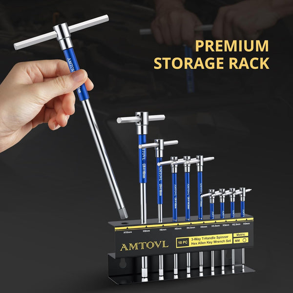 AMTOVL T-Handle Hex Allen Wrench Set - Metric, 10 Pcs 2mm-10mm, Sliding Handle, Chrome Vanadium Steel, with Aluminum Alloy Sleeves & Steel Storage Rack, for DIY, Mechanics, and Bicycle Enthusiasts