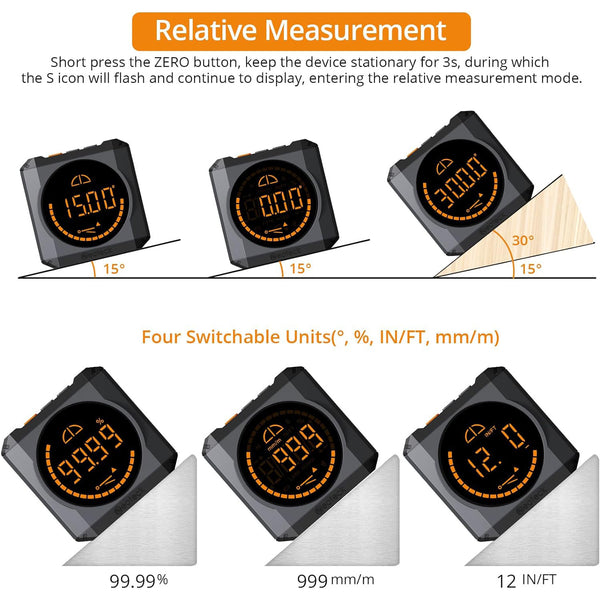 Neoteck Digital Angle Finder LED Rechargeable Level Box Protractor Bevel Gauge Inclinometer with Magnetic Base IP54 Waterproof for Woodworking Home Decoration