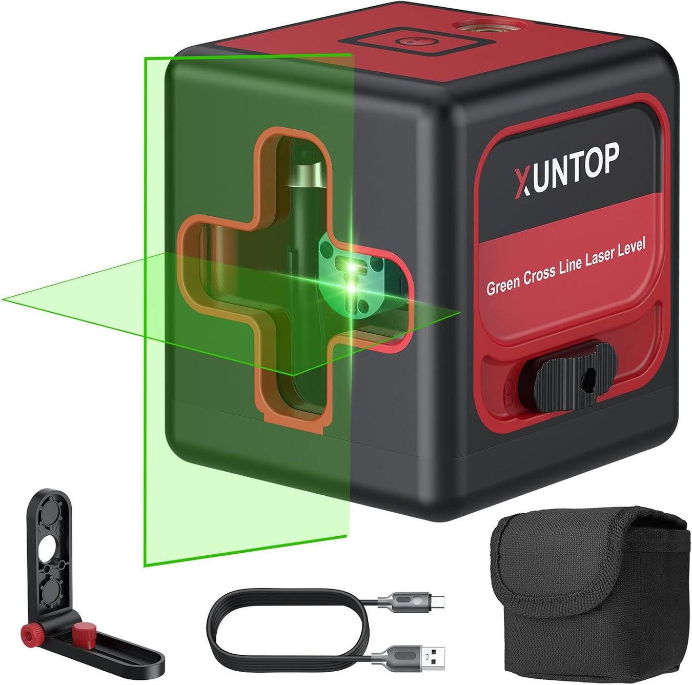 XUNTOP 100Ft Laser Level Self Leveling (±3°) with ±1.5mm/5m Accuracy Green Cross Laser Level with Magnetic Bracket and Pouch for Picture Hanging Wall Floor Tile Construction