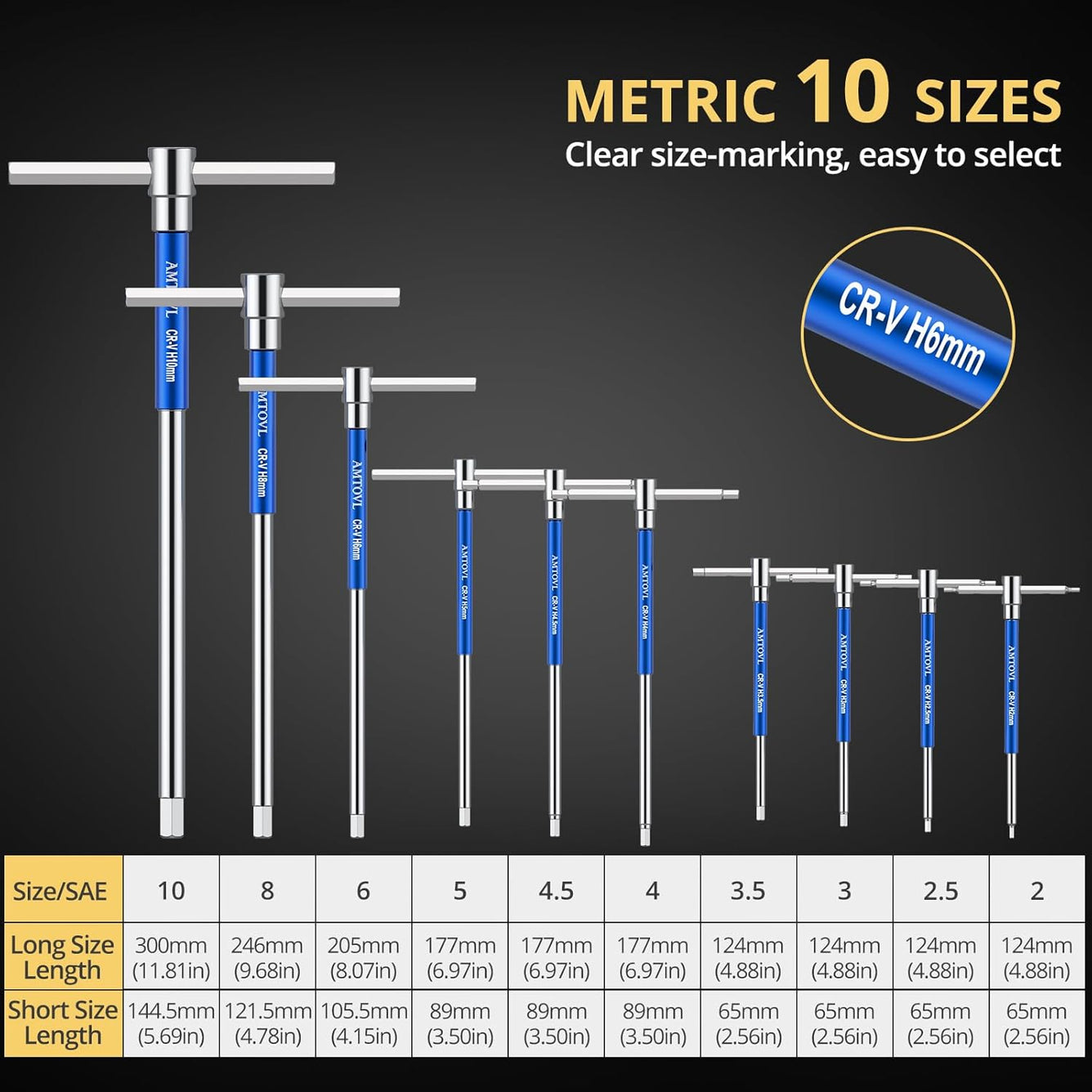 AMTOVL T-Handle Hex Allen Wrench Set - Metric, 10 Pcs 2mm-10mm, Sliding Handle, Chrome Vanadium Steel, with Aluminum Alloy Sleeves & Steel Storage Rack, for DIY, Mechanics, and Bicycle Enthusiasts