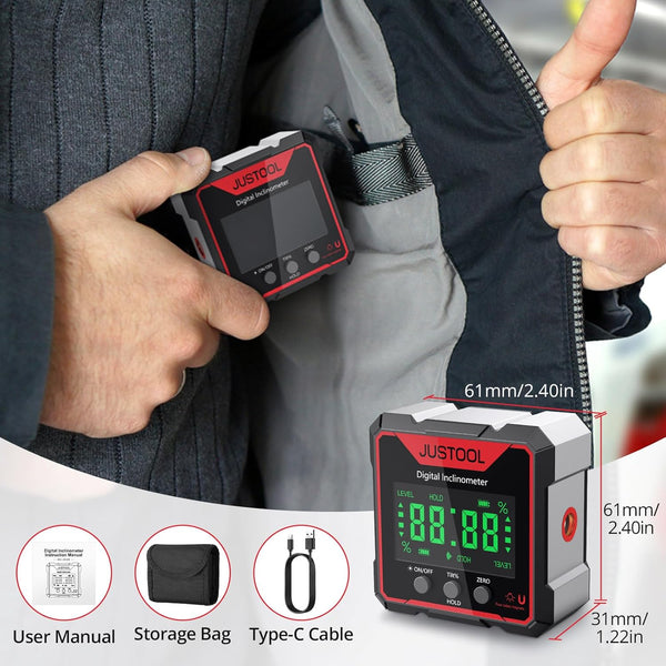 JUSTOOL Digital LCD Protractor Inclinometer Laser Angle Measuring Device Spirit Level IP54 Waterproof Level Box 4-Sided Magnetic Levelling Box Bevel Box with Type-C Charging Cable