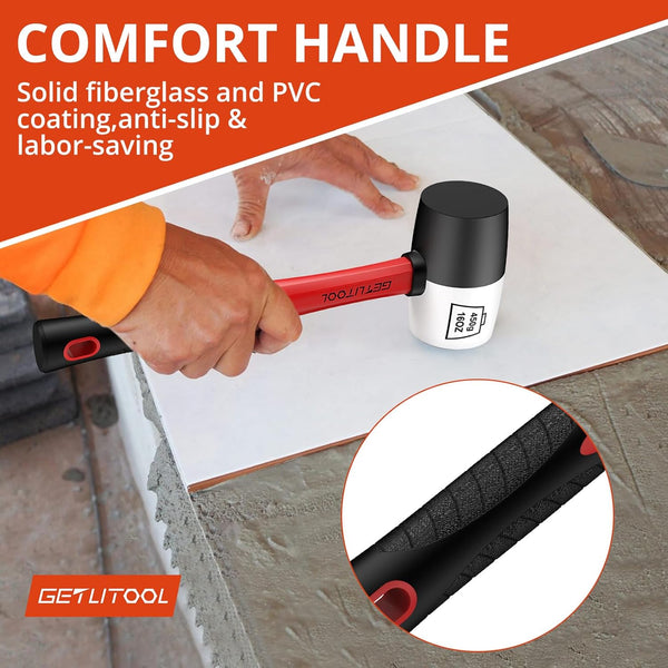 GETLITOOL Rubber Mallet 16oz, Non-Marking Black/White Two-Sided Hammer with Fiberglass Handle, 55mm Head for Flooring, Tile Installation, Woodworking, Camping, Non-Slip Grip