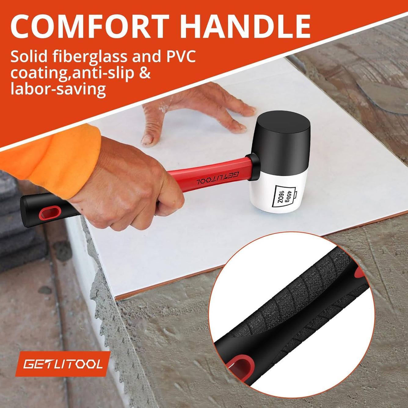 GETLITOOL Rubber Mallet 16oz, Non-Marking Black/White Two-Sided Hammer with Fiberglass Handle, 55mm Head for Flooring, Tile Installation, Woodworking, Camping, Non-Slip Grip
