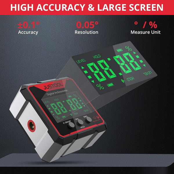 JUSTOOL Digital LCD Protractor Inclinometer Laser Angle Measuring Device Spirit Level IP54 Waterproof Level Box 4-Sided Magnetic Levelling Box Bevel Box with Type-C Charging Cable