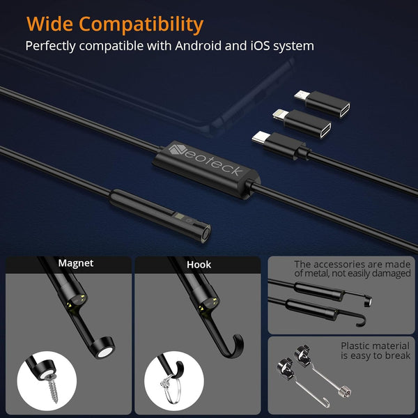 Neoteck Dual-Lens Borescope Snake Inspection Camera with 8+1 Adjustable LED Lights1920P IP67 Waterproof HD Bore Scop &5-Meter/16.4FT Semi-Rigid Cable, Perfect Compatibility with Android & iOS