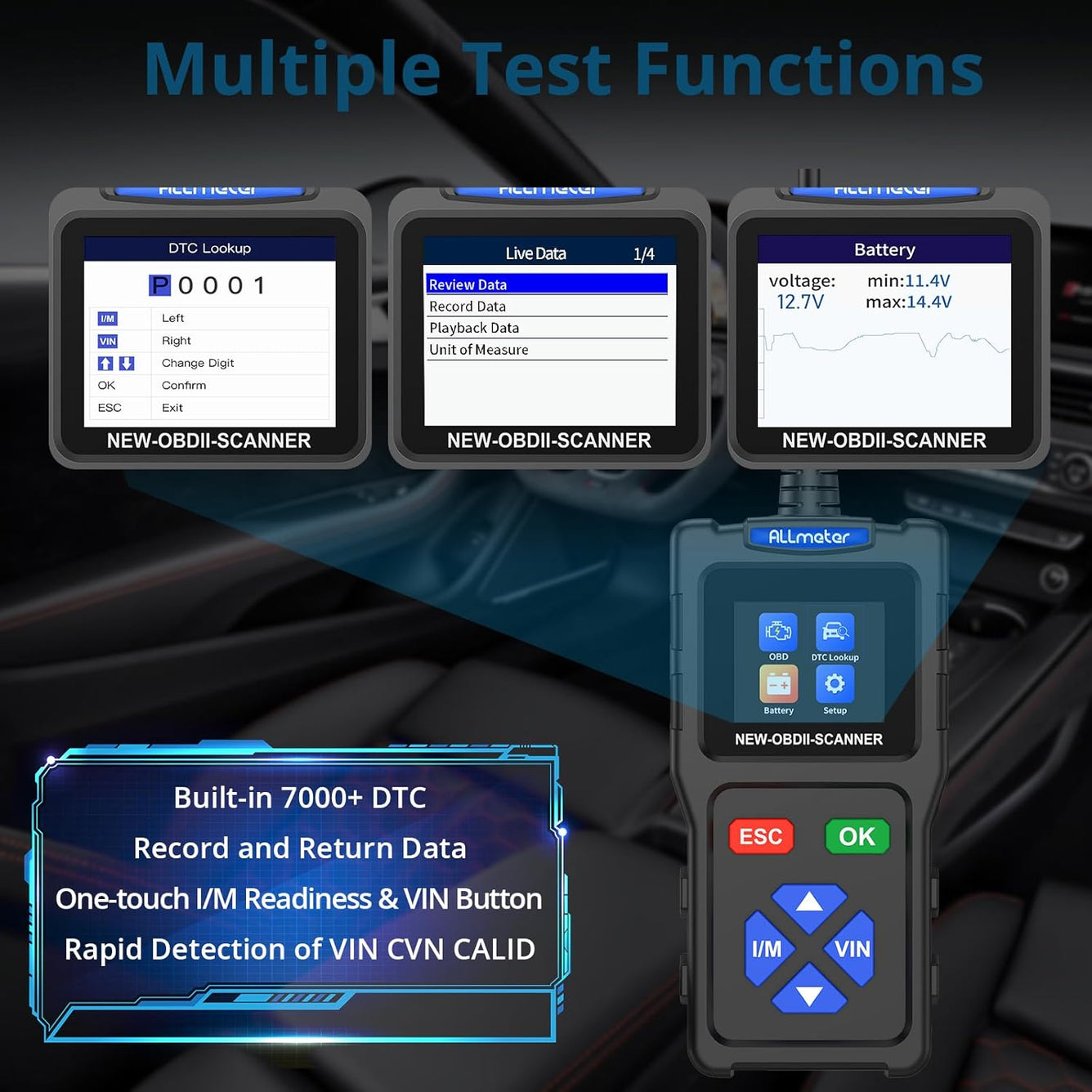 OBD2 Scanner OBDII Car Diagnostic Scanner 1.7'' Color Screen,Supports 9 Protocols,Engine Fault Reader,Real-Time Data,DTC Lookup,I/M EVAP Compatible with Most 1996 and Later Vehicles