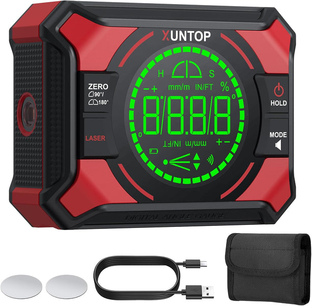 4x90/2x180°(0.01°) Digital Angle Finder with Dual Laser Digital Angle Gauge with Bottom and Back Magnetic Rechargeable Inclinometer with Digital Level Bubble (Class 2 Laser, 1mW Power Output)