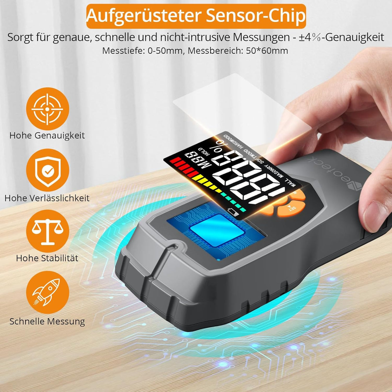 Neoteck Moisture Meter Wall Moisture Meter Masonry Moisture Meter for Walls, Drywall, Wood, Masonry, Woodworking, Plaster, Floor, Concrete, 0-50 mm Analysis Depth